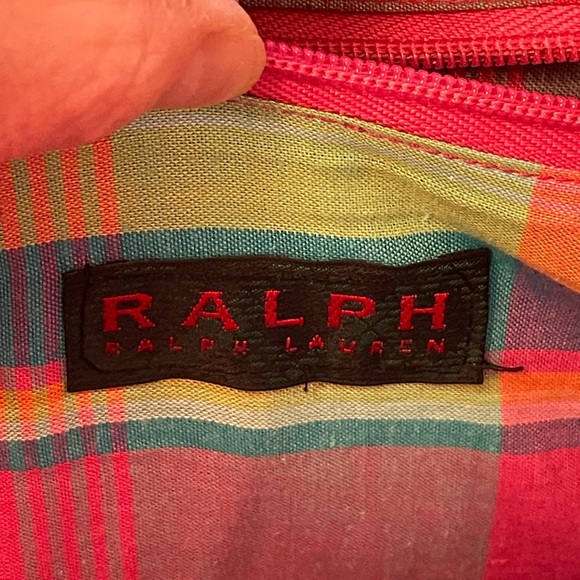 VINTAGE Ralph Lauren pastel plaid linen lined basket straw raffia tote bag - Picture 5 of 9